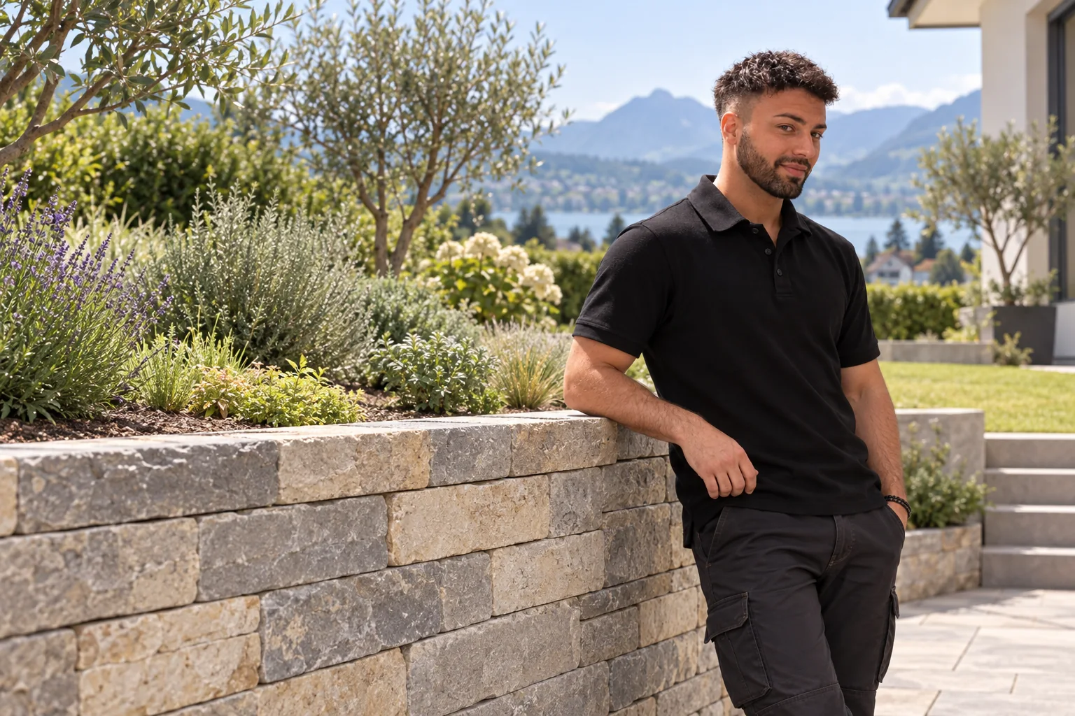 Hannes Punz neben einer niedrigen Natursteinmauer im Garten