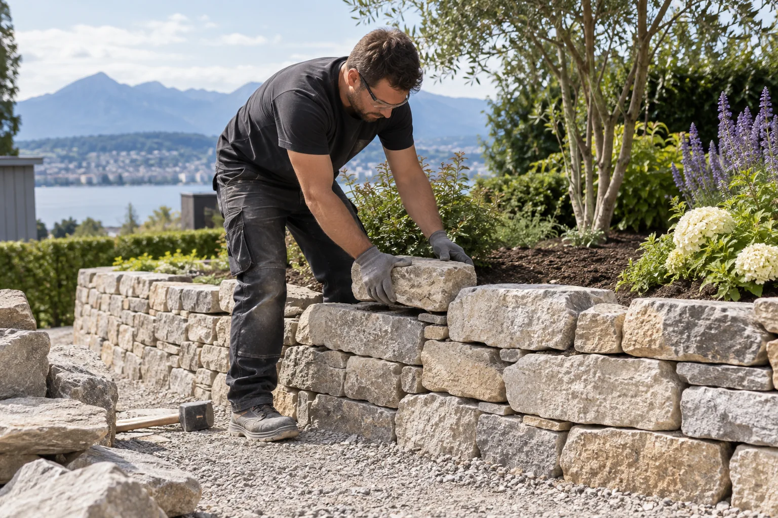 Steinmetz setzt einen Stein in eine niedrige Gartenmauer